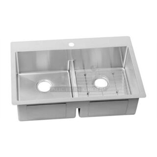 BRAND NEW SCRATCH AND DENT! Elkay ECTSRA33229BG1 Crosstown Stainless Steel Double Bowl Dual Mount Sink Kit. Stock Picture Used For Gallery Picture.