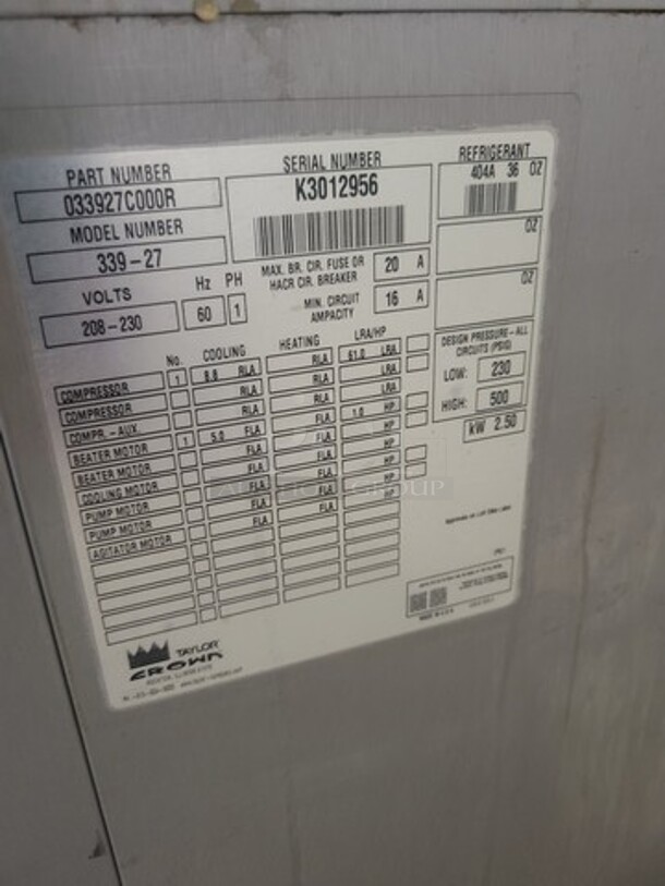 TAYLOR 339-27 Air Cooler Ice Cream Machine 208-230Volts Single Phase Good Working Condition! - Image 3 of 7