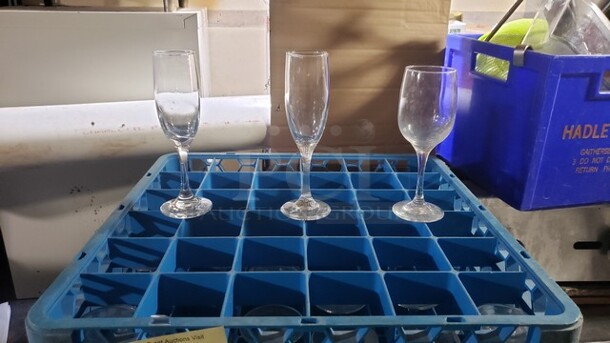 Lot of 34 Miscellaneous Glasses and a 36 Compartment Glass Rack
