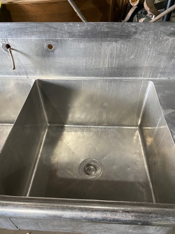 Commercial 3 Compartment Dish Washing Sink! With Overhead Shelf! With Jet Spray Assembly! With Dual Side Drain Board! With Back Splash! All Stainless Steel! On Legs! - Image 6 of 9