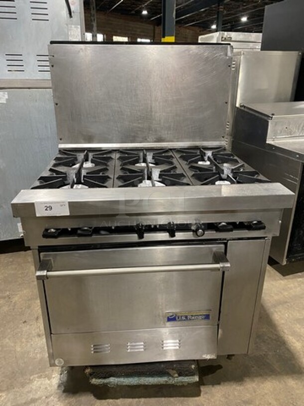 US Range Commercial Natural Gas Powered 6 Burner Stove! With Raised Back Splash! With Oven Underneath! All Stainless Steel! On Legs!