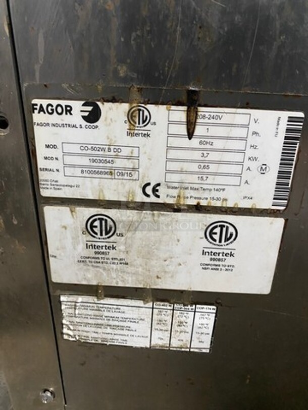 Fagor Commercial Undercounter Dishwasher! All Stainless Steel! MODEL CO502WBDD SN:8100568965 208-240V 1P - Image 8 of 9