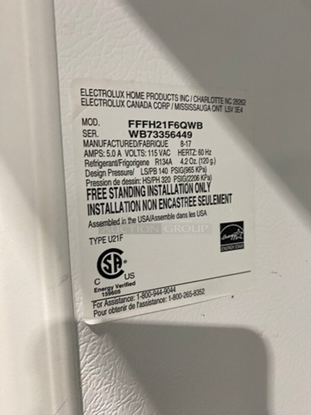 ELECTROLUX Model FFFH21F6QWB SERIAL # WB73356449 Metal Single Door Reach In Freezer! 115 Volts, 1 Phase 60Hz - Image 5 of 6