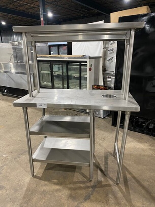 NICE! Commercial Work Top/ Prep Table! With Overhead Shelf! With Trash Deposit Hole! With Shelf Storage Space Underneath! Solid Stainless Steel! On Legs!