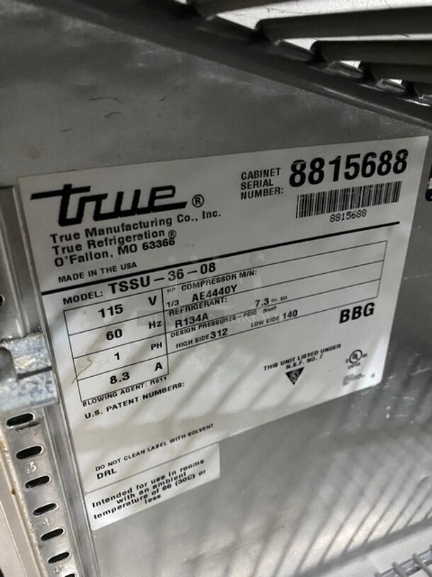 True Commercial Refrigerated Mega Top Sandwich Prep Table! With 2 Door Refrigerated Storage Underneath! All Stainless Steel! With Poly Coated Racks! On Casters! 115V 1 Phase! Model: TSSU-36-08 SN: 8815688! - Image 6 of 8