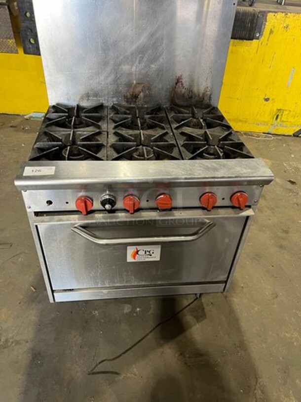 CPG Commercial Natural Gas Powered 6 Burner Stove! With Raised Back Splash! With Oven Underneath! All Stainless Steel! On Casters! Model: 36CPGV6B30N SN: 996991412030 - Image 2 of 9