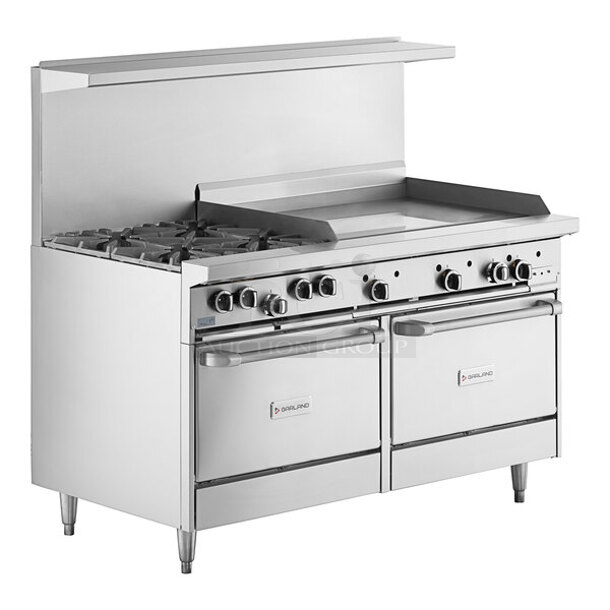 BRAND NEW SCRATCH AND DENT! 2023 Garland G60-4G36RR Stainless Steel Commercial Natural Gas Powered 4 Burner Range w/ Flat Top Griddle, 2 Ovens, Back Splash and Over Shelf. Stock Picture Used as Gallery.