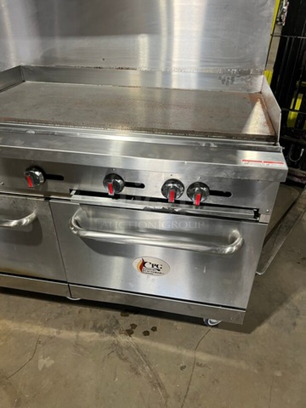 CPG Commercial LP Powered Flat Top Griddle Stove With Left Side 2 Burner! Griddle Has Side Splashes! With Raised Back Splash And Salamander Shelf! With 2 Oven Underneath! Metal Oven Racks! All Stainless Steel! On Casters! Model: S60G48L SN: 09227429 - Image 2 of 8