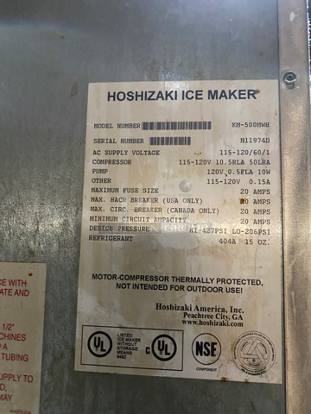 Hoshizaki Commercial Ice Making Machine! On Commercial Ice Bin! All Stainless Steel! On Legs! 2x Your Bid Makes One Unit! Model: KM500MWH SN: N11974D 115/120V 60HZ 1 Phase - Image 5 of 7