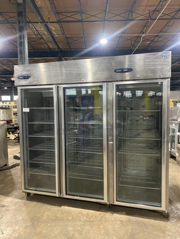 COOL! Hoshizaki Commercial 3 Door Reach In Cooler Merchandiser! With View Through Doors! Poly Coated Racks! All Stainless Steel Body! On Casters! Model: CR3SFGY SN: F60003B 115V 60HZ 1 Phase