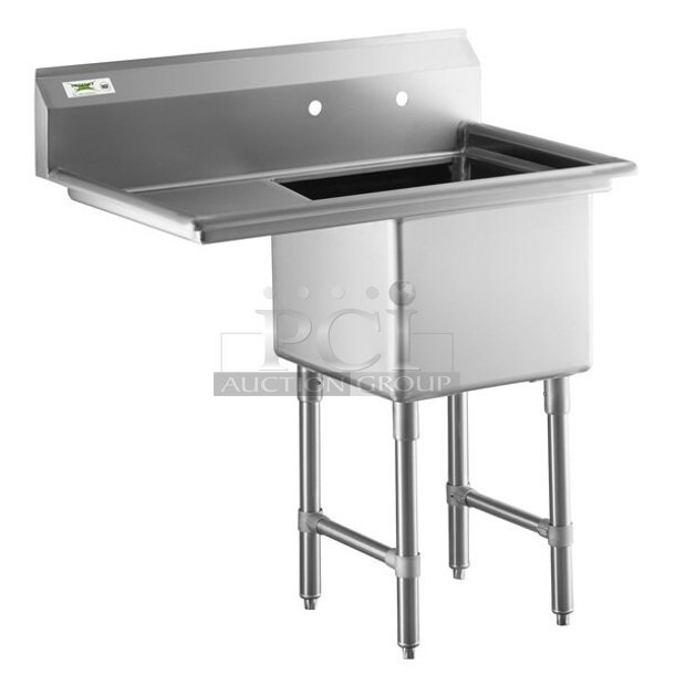 BRAND NEW SCRATCH AND DENT! Regency 600S1181818L Stainless Steel Commercial Single Bay Sink w/ Left Side Drain Board. Bay 10x15x13.5. No Legs.  - Image 1 of 8
