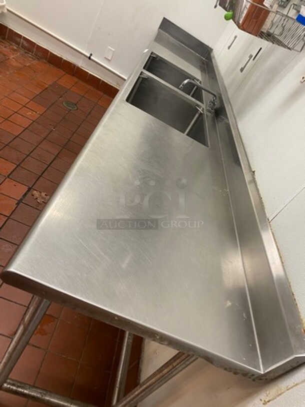 Commercial 2 Compartment Sink! With Dual Side Drain Board! With Back Splash! With Faucet And Handles! All Stainless Steel! On Legs! - Image 3 of 7