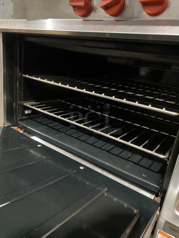 Vulcan Commercial French Top/ Hot Plate Stove! With Raised Back Splash With Double Overhead Shelf! With Oven Underneath! All Stainless Steel! On Legs! MODEL GH30 SN:481609310 - Image 7 of 11