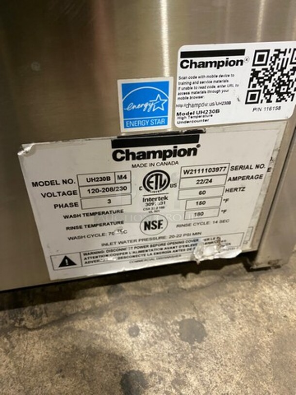 Champion Commercial Undercounter Dishwasher! All Stainless Steel! Model: UH230B SN: W2111103977 120/208/230V 60HZ 3 Phase - Image 8 of 9