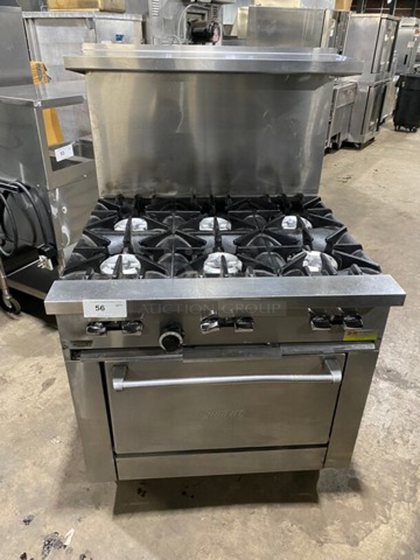 Sunfire Commercial Natural Gas Powered 6 Burner Stove! With Raised Back Splash And Salamander Shelf! With Oven Underneath! All Stainless Steel! On Casters! - Image 1 of 8