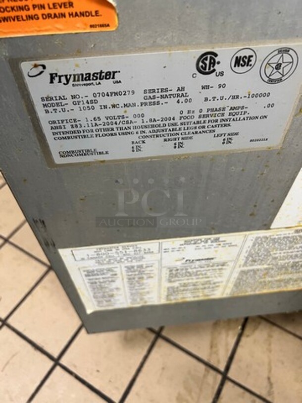 Frymaster Commercial Natural Gas Powered Deep Fat Fryer! All Stainless Steel! On Legs! WORKING WHEN REMOVED! Model: GF14SD SN: 0704FM0279 - Image 4 of 7