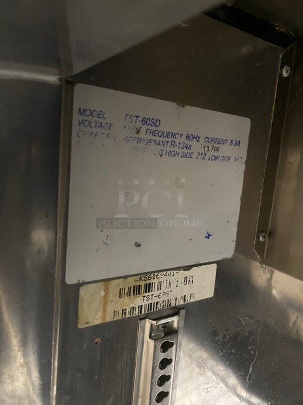 NICE! Turbo Air Commercial Mega Top Sandwich/Salad Prep Table! With 2 Door Refrigerated Base! With 2 Overhead Shelves! All Stainless Steel! With Metal Racks! On Casters! 115V! Model: TST-60SD! - Image 9 of 11