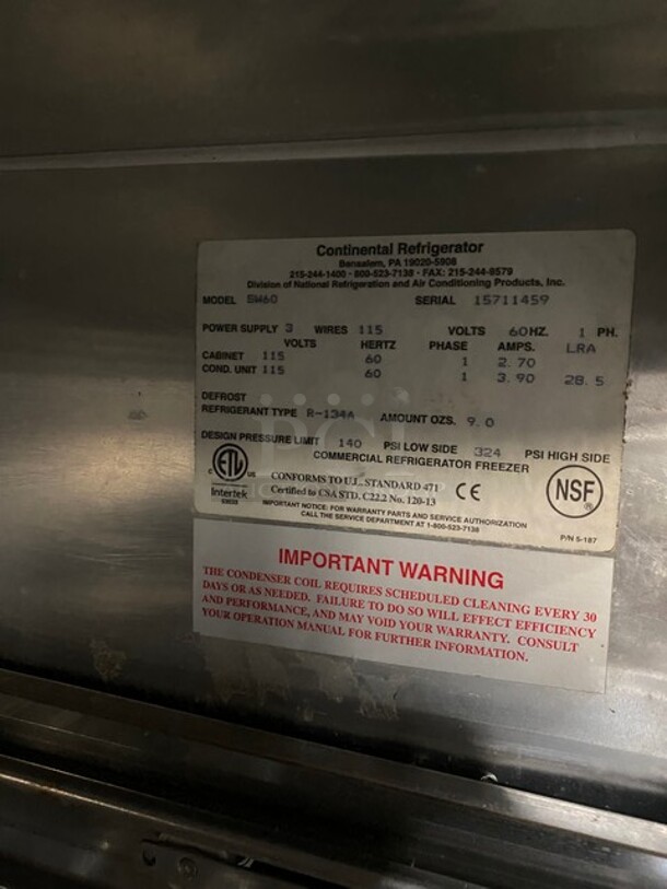Continental Commercial Refrigerated 4 Drawer Chef Base! All Stainless Steel! On Casters! 115V 1 Phase! Model: SW60 SN: 15711459! - Image 6 of 8