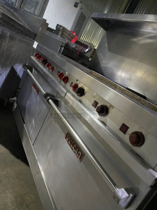 AN AMAZING FIND! Vulcan Commercial Natural Gas Powered 36 Inch French Top/24 Inch Flat Griddle Combo! With Backsplash & Overhead Salamander Shelf! With 2 Full Size Ovens Underneath! With Metal Oven Racks! All Stainless Steel! On Casters! Model: E60FL227 SN: 481550759 208/240V 1 Phase - Image 9 of 11