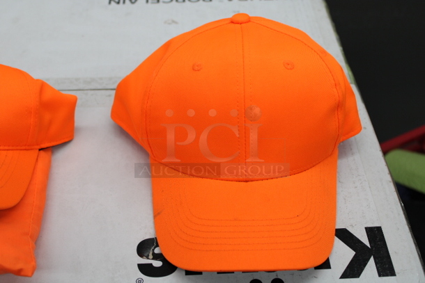 ALL ONE MONEY!! (10) Blaze Orange Hat / Vest Combo Your Bid, (2) Orange Hats, Stack of 17 Orange Athletic Shirts [Sizes: 8 2XL, 6 L, 1 M, 1 3XL]
 - Image 2 of 9