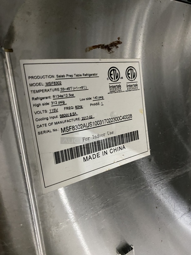 Atosa Commercial Refrigerated Mega Top Sandwich Prep Table! With Commercial Cutting Board! With 2 Door Storage Space Underneath! All Stainless Steel! On Casters! MODEL: MSF8302 SN: MSF8302AUS100317022300C40028 115V 1PH!  - Image 7 of 9