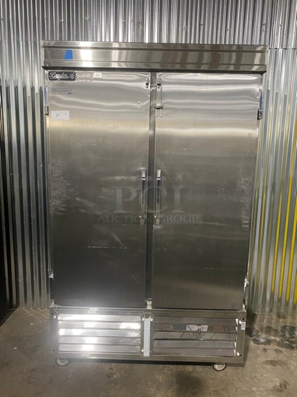 Leader Stainless Steel Commercial 2 Door Reach In Cooler w/ Poly Coated Racks! On Casters! Model ESLR48 S/C SN: NP12M0801A 115 Volts, 1 Phase - Image 1 of 11