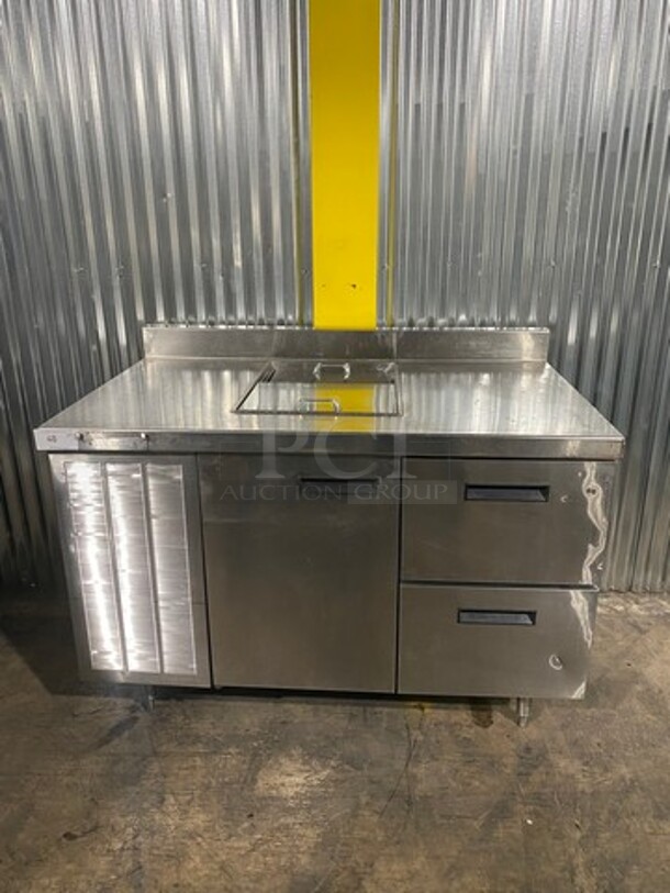 Delfield Commercial One Door Lowboy Cooler! With 2 Refrigerated Drawers! With Sliding Top Access Door! With Backslash! All Stainless Steel! On Legs! Model F18WC52CNONSFNC Serial 0811150000641! 115V 1Phase!