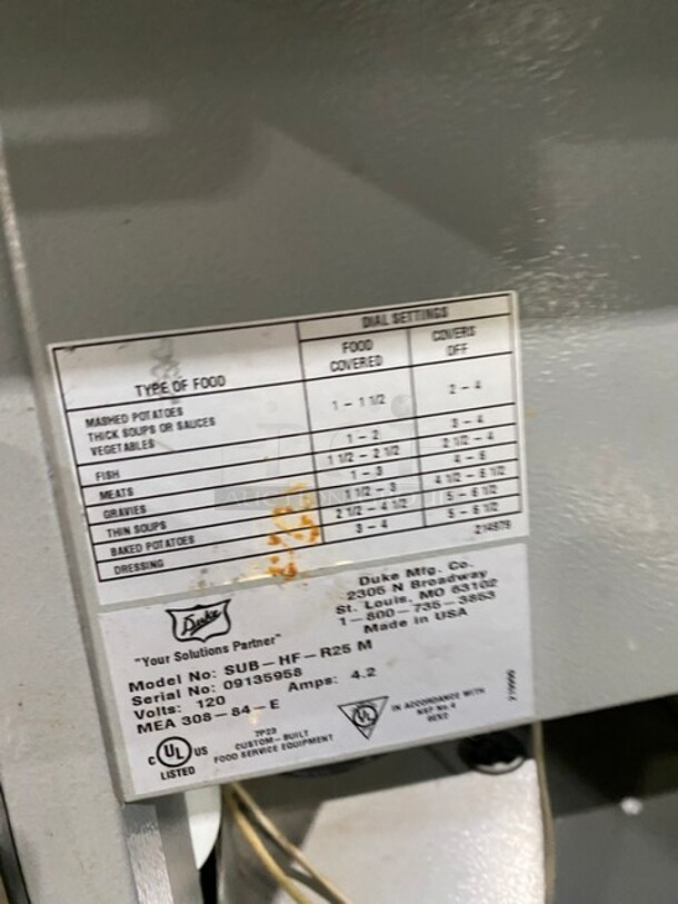 WOW! Duke Commercial Refrigerated Sandwich/Salad Prep Line! Model SUBCP60M Serial 09133564! 120V 1Phase! With Underneath Storage Space! With Single Food Warming Well! All Stainless Steel! Model SUBHFR25M Serial 09135958! 120V! WORKING WHEN REMOVED! - Image 10 of 11