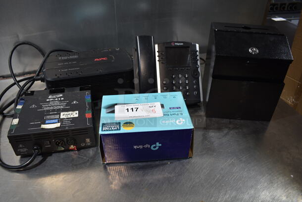 5 Various Items Including Polycom Office Telephone, TP Link 8 Port  Desktop Switch, Elation DP-416 Unit, APC Uninterruptible Power Supply. 5 Times Your Bid! - Image 1 of 10