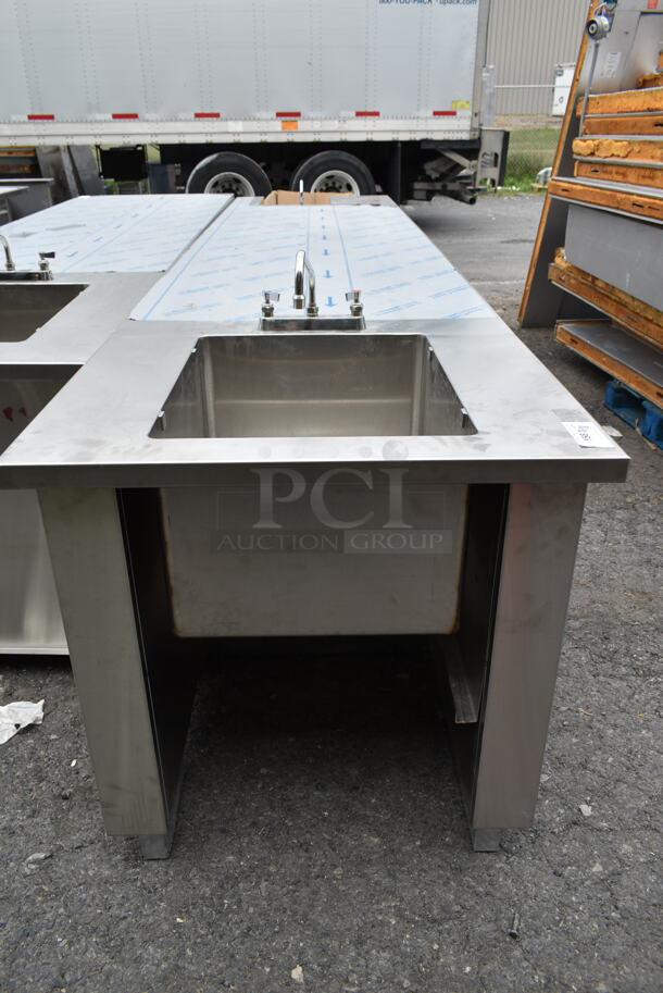 BRAND NEW SCRATCH AND DENT! Stainless Steel Commercial Counter w/ Sink Bay, Faucet, Handles and Under Shelves. - Image 3 of 10