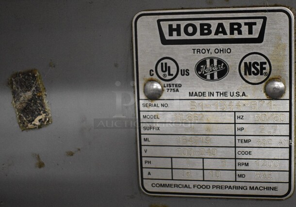 Hobart Legacy Model HL662 Metal Commercial 60 Quart Planetary Dough Mixer w/ Stainless Steel Mixing Bowl, Bowl Guard and Dough Hook Attachment. 200-240 Volts, 1/3 Phase. 29x39x62   - Image 8 of 10