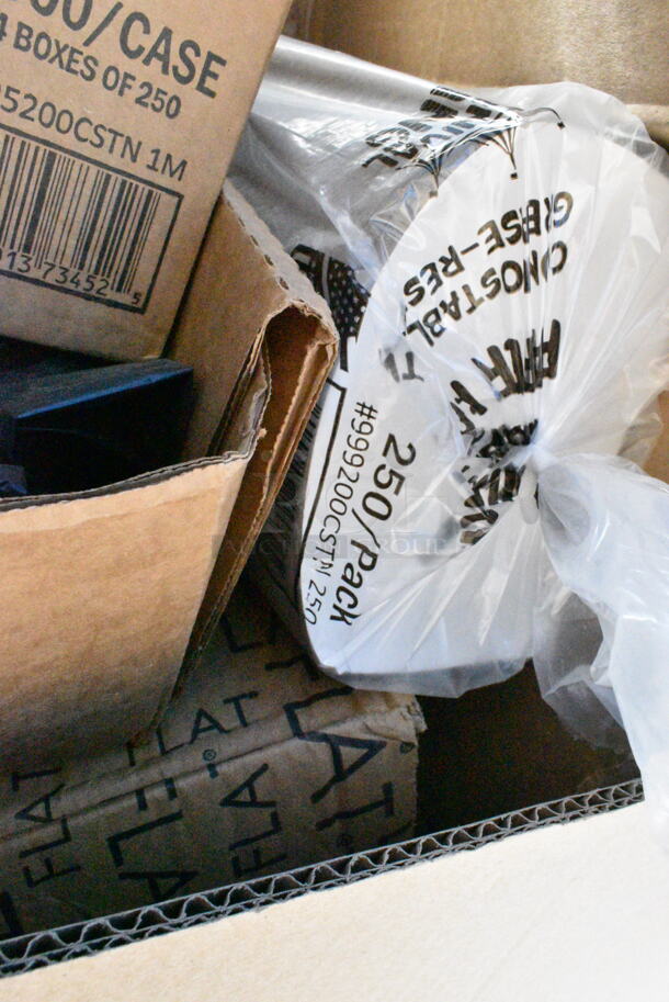 25 BRAND NEW Boxes Including 475DW30ROBK 30 Gallon Black Powder-Coated Metal Round Decorative Waste Receptacle, 130ROLLKFSSV Pre-Rolled Linen-Feel White Napkin and Silver Heavy Weight Plastic Cutlery Set, 50HT1 White Foam Hinged Lid Container, 127RDTFLBULK Choice Microwavable Translucent Customizable Recessed Fit Deli Lid - 500/Case, 795200CSTN1M Carnival King #200 2 lb. Cornerstone Paper Food Tray, 5002FC100 Choice 100 Sheet 2-Ply Facial Tissue Box - 30/Case, Dart C57PST1 ClearSeal Hinged Lid Plastic Container 6" x 5 13/16" x 3" - 500/Case, 612D3COMP Choice 8 1/2"x 6 3/8" 3-Compartment Oblong Foil Take-Out Container with Board Lid - 250/Case. 25 Times Your Bid! - Image 8 of 12