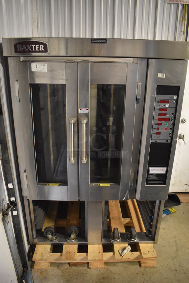 Baxter OV300G Stainless Steel Commercial Floor Style Natural Gas Powered Mini Rotating Rack Oven w/ Lower Pan Rack. Comes w/ Rack and Commercial Casters. 48x36x70
