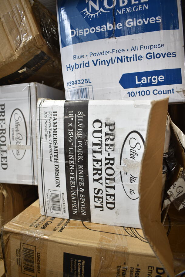 PALLET LOT of 40 BRAND NEW Boxes Including 5001RTSELNAT Lavex Select 1-Ply Natural Kraft Paper Towel Roll, 665 Feet / Roll - 6/Case, 130ROLLKFSSH Visions 18" x 15 1/2" Pre-Rolled Linen-Feel White Napkin and Hammersmith Heavy Weight Silver Plastic Cutlery Set - 100/Case, 500AL301BALL Ball 9 oz. Customizable Aluminum Cup with Ball Logo Design - 645/Case, 128HD32COMBO ChoiceHD 32 oz. Microwavable Translucent Plastic Deli Container and Lid Combo Pack - 240/Case, 394325L Noble NexGen Powder-Free Disposable Blue Hybrid 3 Mil Thick Gloves - Large - 1000/Case, 50010CAFE Choice 10 oz. Cafe Print Poly Paper Hot Cup - 1000/Case, 2 Box 5001RT800B Lavex 8" White Hardwound Paper Towel, 800 Feet / Roll - 6/Case, 2 Box 395RPO9 EcoChoice Compostable Sugarcane / Bagasse 9" Plate - 500/Case, 128HD16BULK ChoiceHD 16 oz. Microwavable Translucent Plastic Deli Container - 480/Case, 150300414 Bagcraft EcoCraft 6" x 6 1/2" Grease-Resistant Sandwich Bag - 2000/Case, 347RPBD10WHS Visions 10" White Plastic Plate with Silver Bands - 120/Case. 40 Times Your Bid! - Image 7 of 12