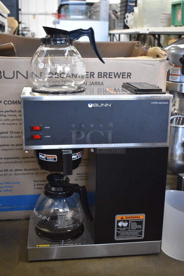 BRAND NEW IN BOX! 2022 Bunn VPR Stainless Steel Commercial Countertop 2 Burner Coffee Machine w/ 2 Coffee Pots and Poly Brew Basket. 120 Volts, 1 Phase. 16x8.5x20