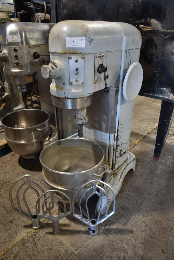 Hobart H-600 Metal Commercial Floor Style 60 Quart Planetary Dough Mixer w/ Stainless Steel Mixing Bowl and 3 Paddle Attachment. 208 Volts, 3 Phase. 