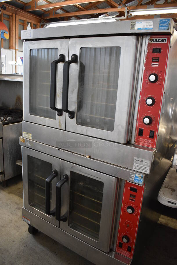 2 Vulcan Model SG4D-1 ENERGY STAR Stainless Steel Commercial Natural Gas Powered Full Size Convection Ovens w/ View Through Doors, Metal Oven Racks and Thermostatic Controls on Commercial Casters. 40.5x39.5x69.5