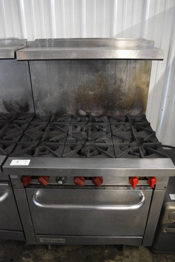 Vulcan Stainless Steel Commercial Natural Gas Powered 6 Burner Range w/ Oven, Over Shelf and Back Splash on Commercial Casters. 36x30x59