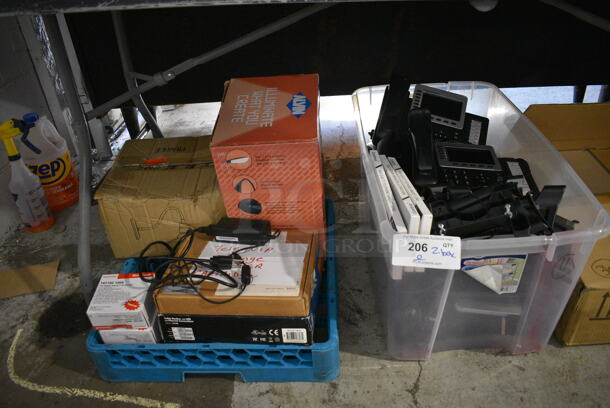 ALL ONEMONEY! Lot of 2 Bins of Various Items Including Alvin Light, Light Fixture and Various Corded Office Telephones.
