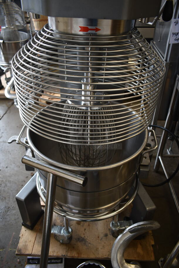 BRAND NEW SCRATCH AND DENT! Avantco 177MX60H Metal Commercial Floor Style 60 Quart Planetary Dough Mixer w/ Stainless Steel Mixing Bowl, Bowl Guard, Bowl Dolly, Dough Hook, Whisk and Paddle Attachments. 240 Volts, 3 Phase. Tested and Working! - Image 7 of 10