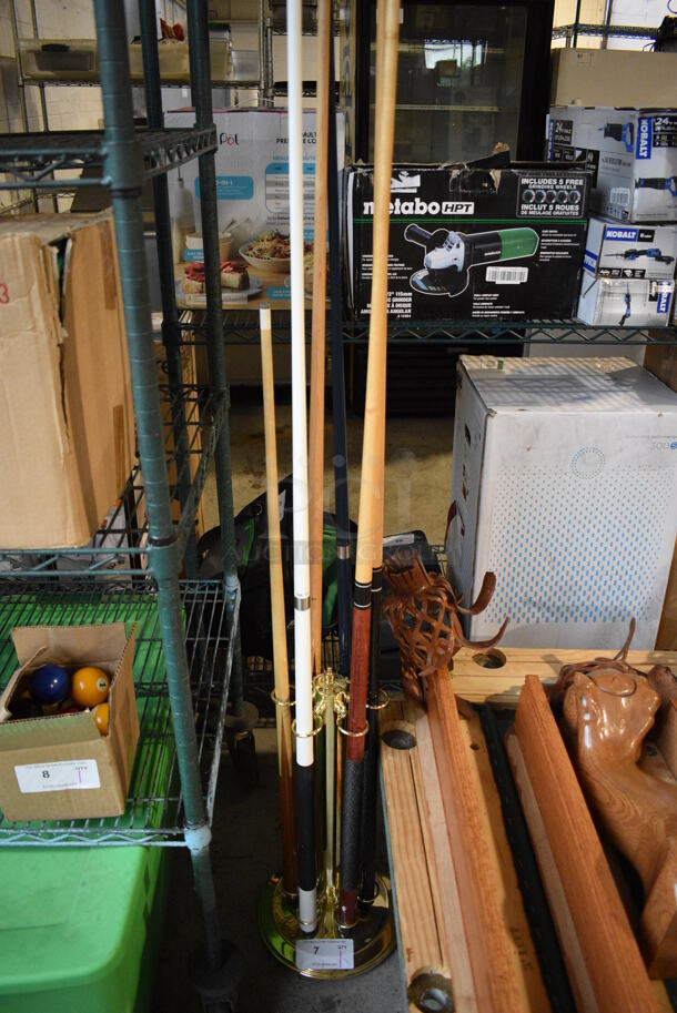 Gold Finish Metal Pool Cue Rack w/ 5 Various Pool Cues and 1 Pool Cue Setter. Goes GREAT w/ Items 6, 8-9! 12x12x60