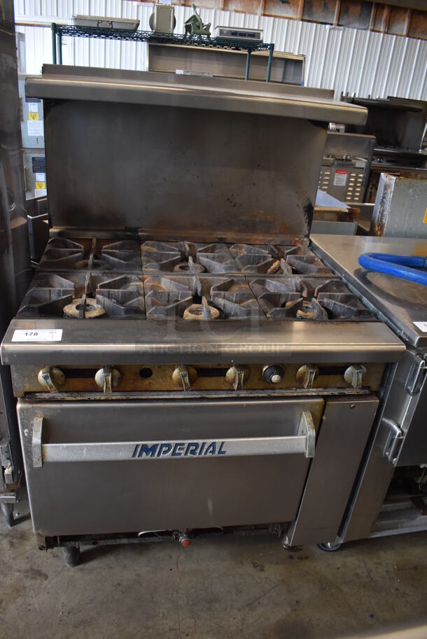 Imperial Stainless Steel Commercial Natural Gas Powered 6 Burner Range w/ Oven, Over Shelf and Back Splash. Comes w/ Gas Hose!  - Image 1 of 6