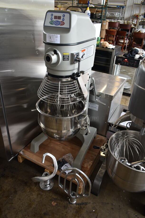 BRAND NEW SCRATCH AND DENT! Globe SP30 Metal Commercial Floor Style 30 Quart Planetary Dough Mixer w/ Stainless Steel Mixing Bowl, Bowl Guard, Dough Hook, Paddle and Whisk Attachments. 115 Volts, 1 Phase. Tested and Working But Transmission is Stuck in 1 Gear.