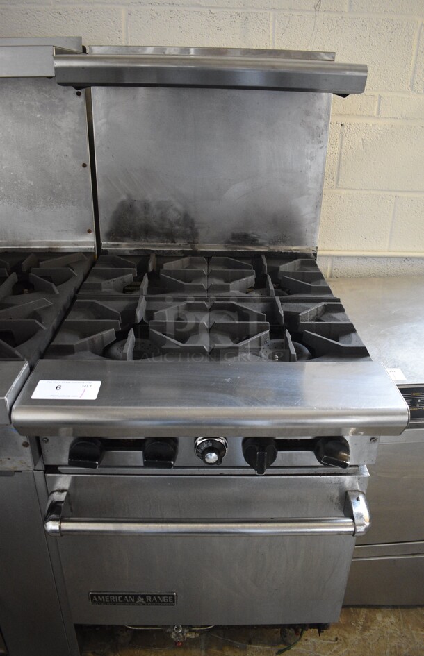 American Range Stainless Steel Commercial Natural Gas Powered 4 Burner Range w/ Oven, Over Shelf and Back Splash. 24x33x57