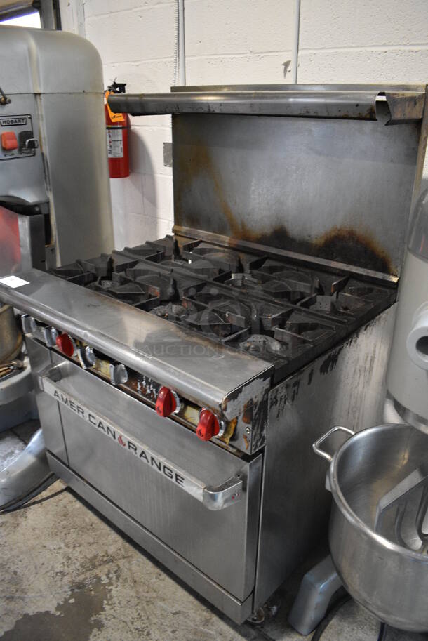 American Range Stainless Steel Commercial Natural Gas Powered 6 Burner Range w/ Oven, Over Shelf and Back Splash on Commercial Casters. 36x32.5x56.5 - Image 4 of 7
