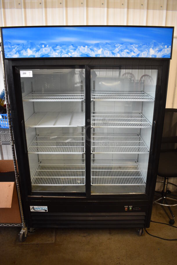 Avantco Model 178GDS47HCB Metal Commercial 2 Door Reach In Cooler Merchandiser w/ Poly Coated Racks on Commercial Casters. 115 Volts, 1 Phase. 52x32x83. Tested and Working!