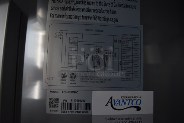 BRAND NEW SCRATCH AND DENT! Avantco Model 178SS3RHC Stainless Steel Commercial Three Door Reach In Cooler w/ Poly Coated Racks on Commercial Casters. 115 Volts, 1 Phase. 81x32x82.5. Tested and Working! - Image 4 of 10