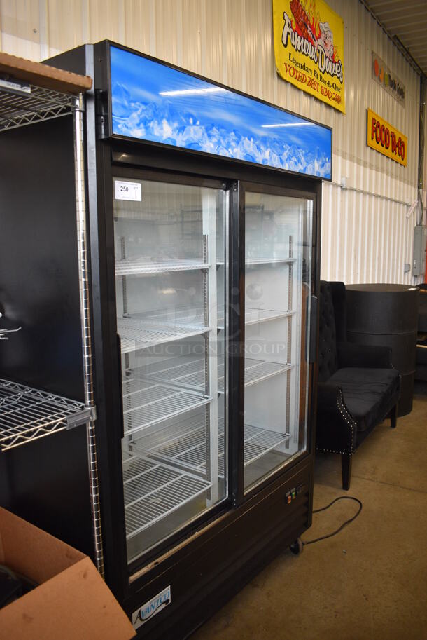 Avantco Model 178GDS47HCB Metal Commercial 2 Door Reach In Cooler Merchandiser w/ Poly Coated Racks on Commercial Casters. 115 Volts, 1 Phase. 52x32x83. Tested and Working! - Image 3 of 6