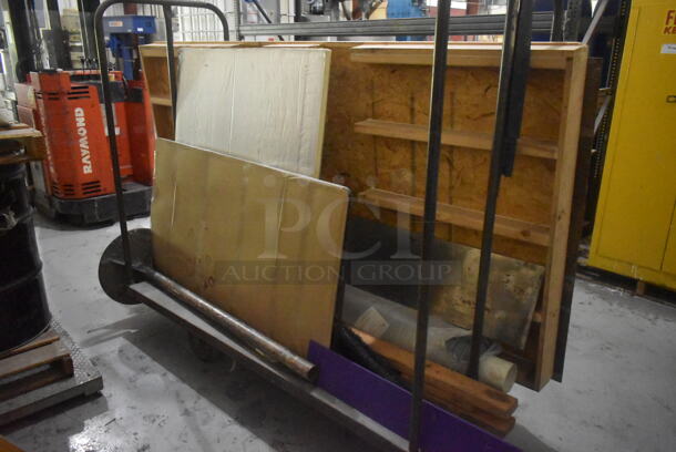 Black Metal Flat Cart w/ Contents Including Faux Brick Wall on Commercial Casters. - Image 3 of 4