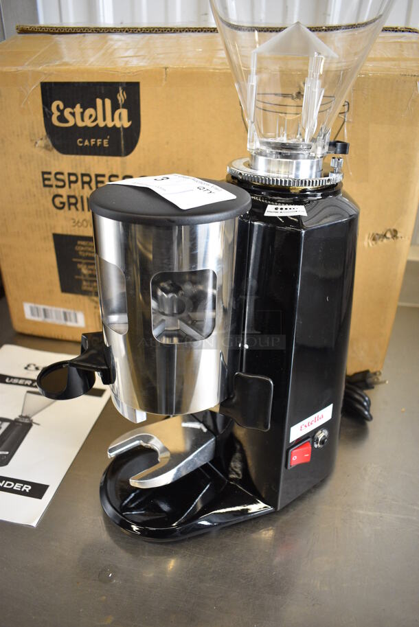 BRAND NEW IN BOX! Estella Model 236ECEG26 Metal Commercial Countertop Espresso Bean Grinder w/ Hopper. Unit Was Only Used as a Demonstration at Trade Shows. 110/120 Volts, 1 Phase. 9x14x22. Tested and Working! - Image 4 of 8